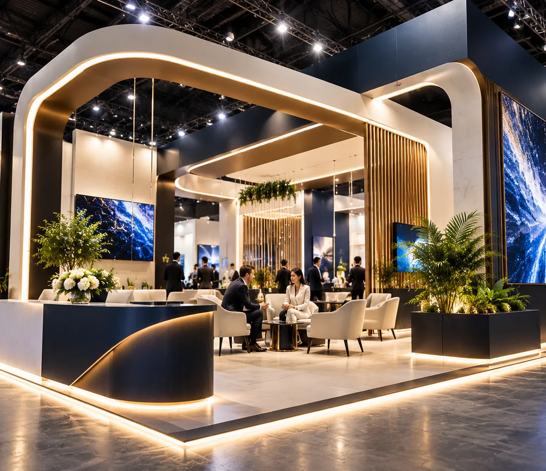 Illustrative premium exhibition booth with meeting and display areas
