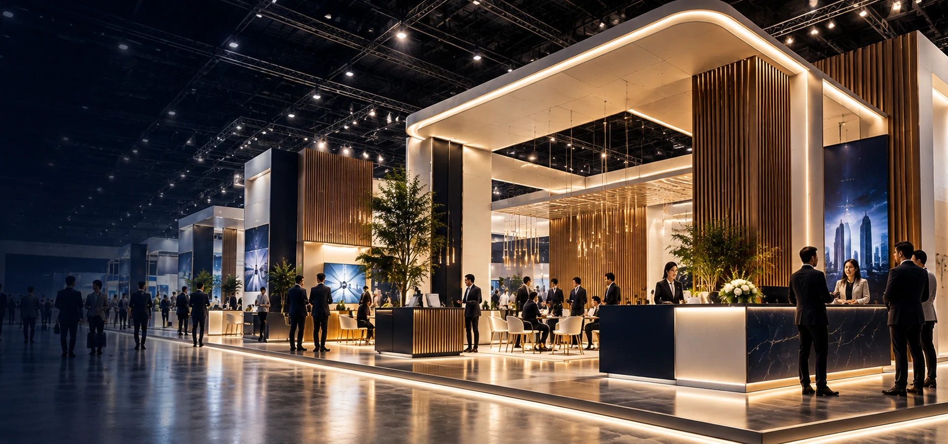 Conceptual premium exhibition pavilion in a convention hall, with international business visitors