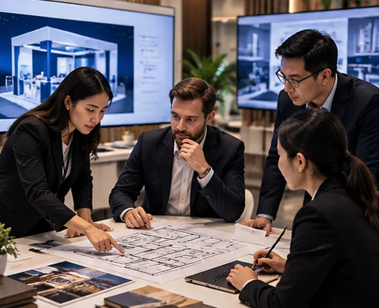 Illustrative team discussing booth plans and exhibition schedules