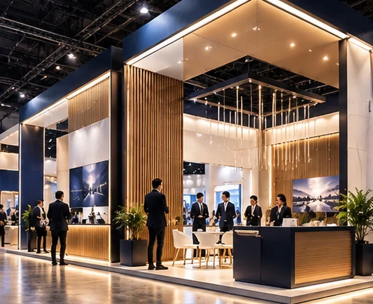 Concept image of a custom-designed exhibition stand with warm lighting