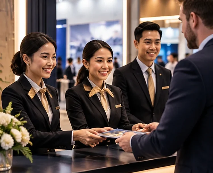 Illustrative event hosts welcoming business visitors at a booth