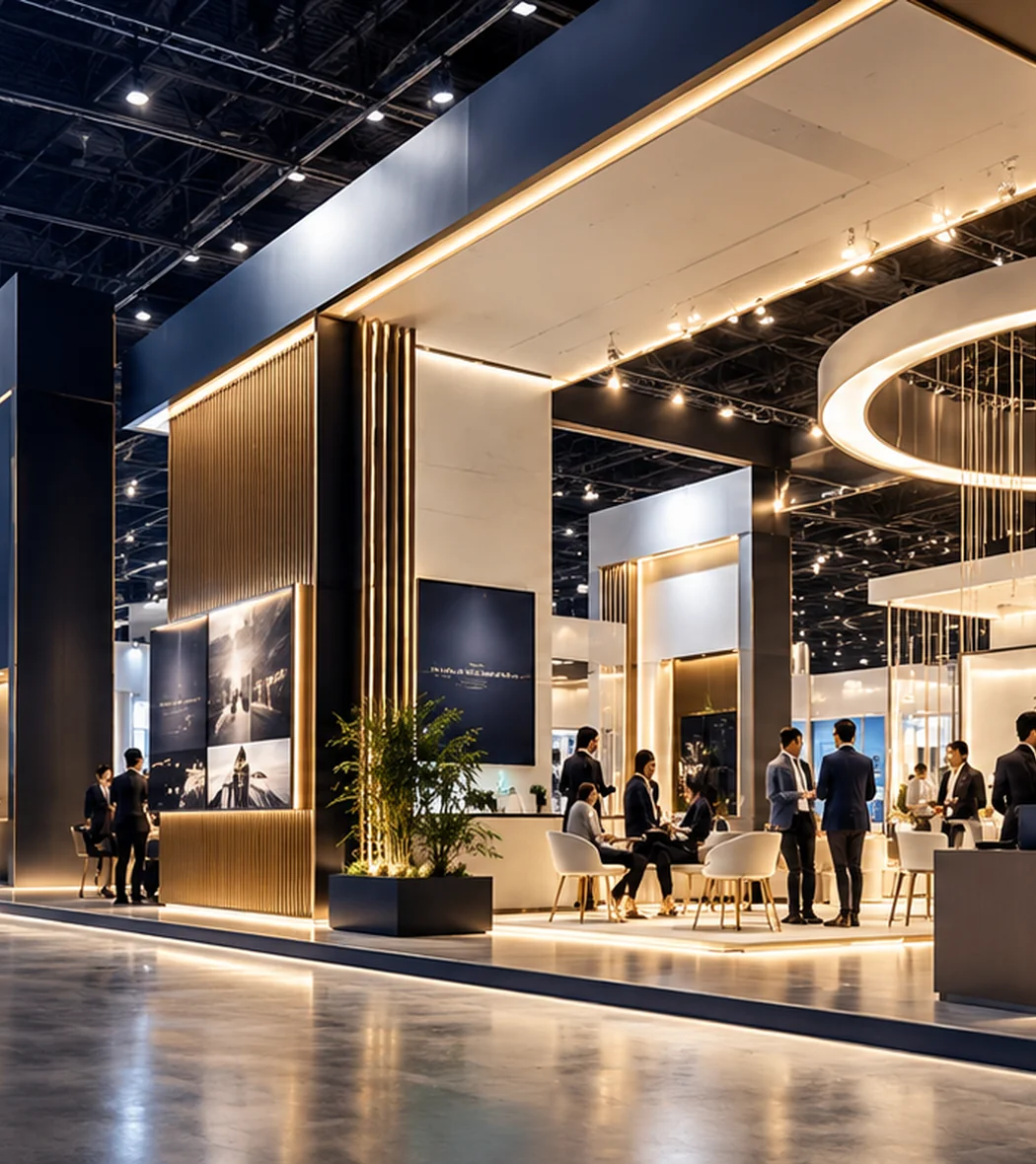 Illustrative custom exhibition booth with premium finishes and visitor lounge