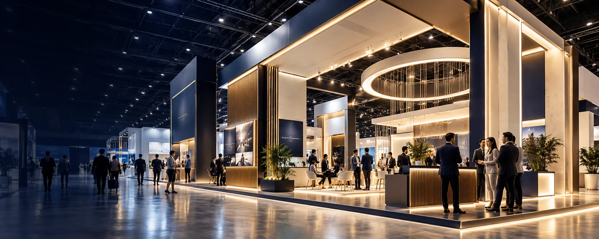 Illustrative rendering of a premium custom exhibition stand in a modern trade show hall