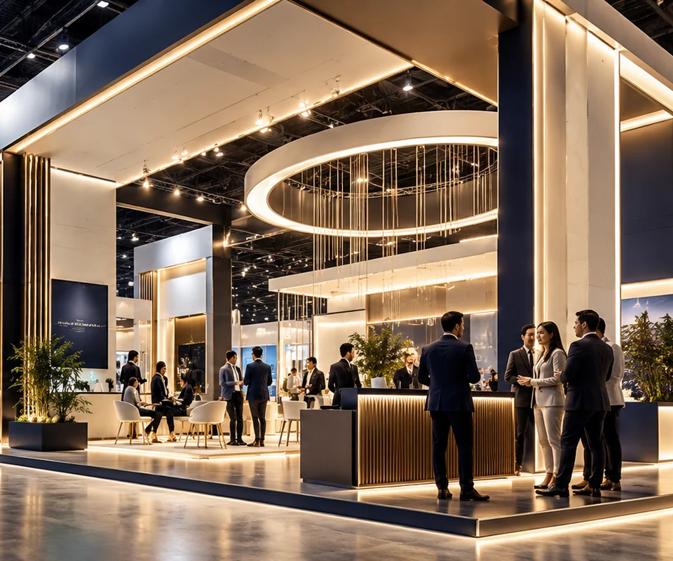 Illustrative exhibition stand with warm lighting at a convention hall