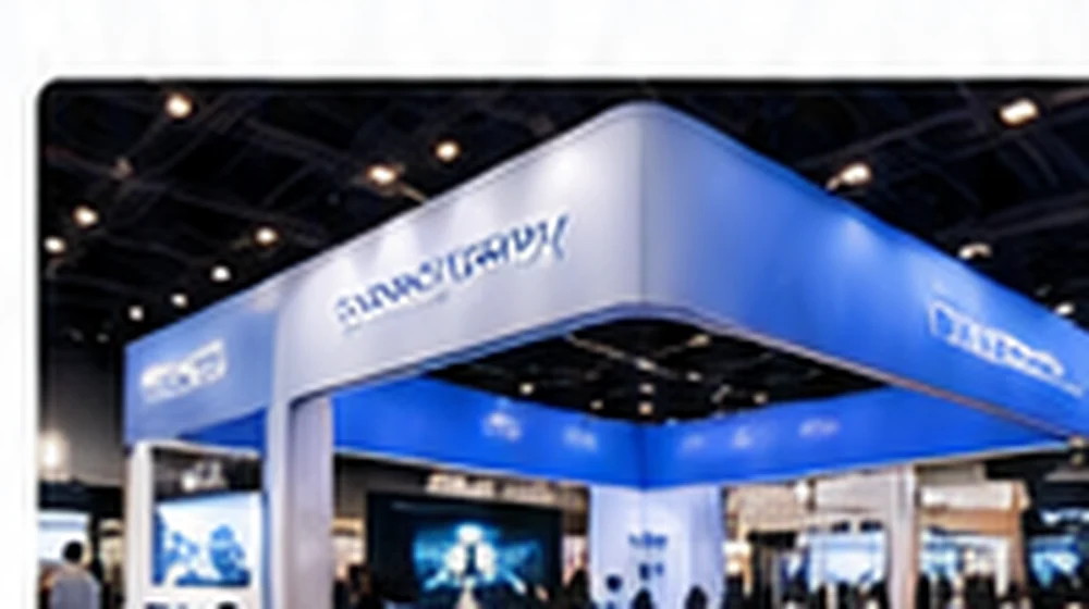 Illustrative premium custom exhibition booth with illuminated architectural details